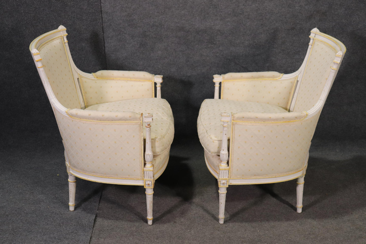 Pair Signed Maison Jansen White Painted Louis XVI Bergère Lounge Chairs C1940