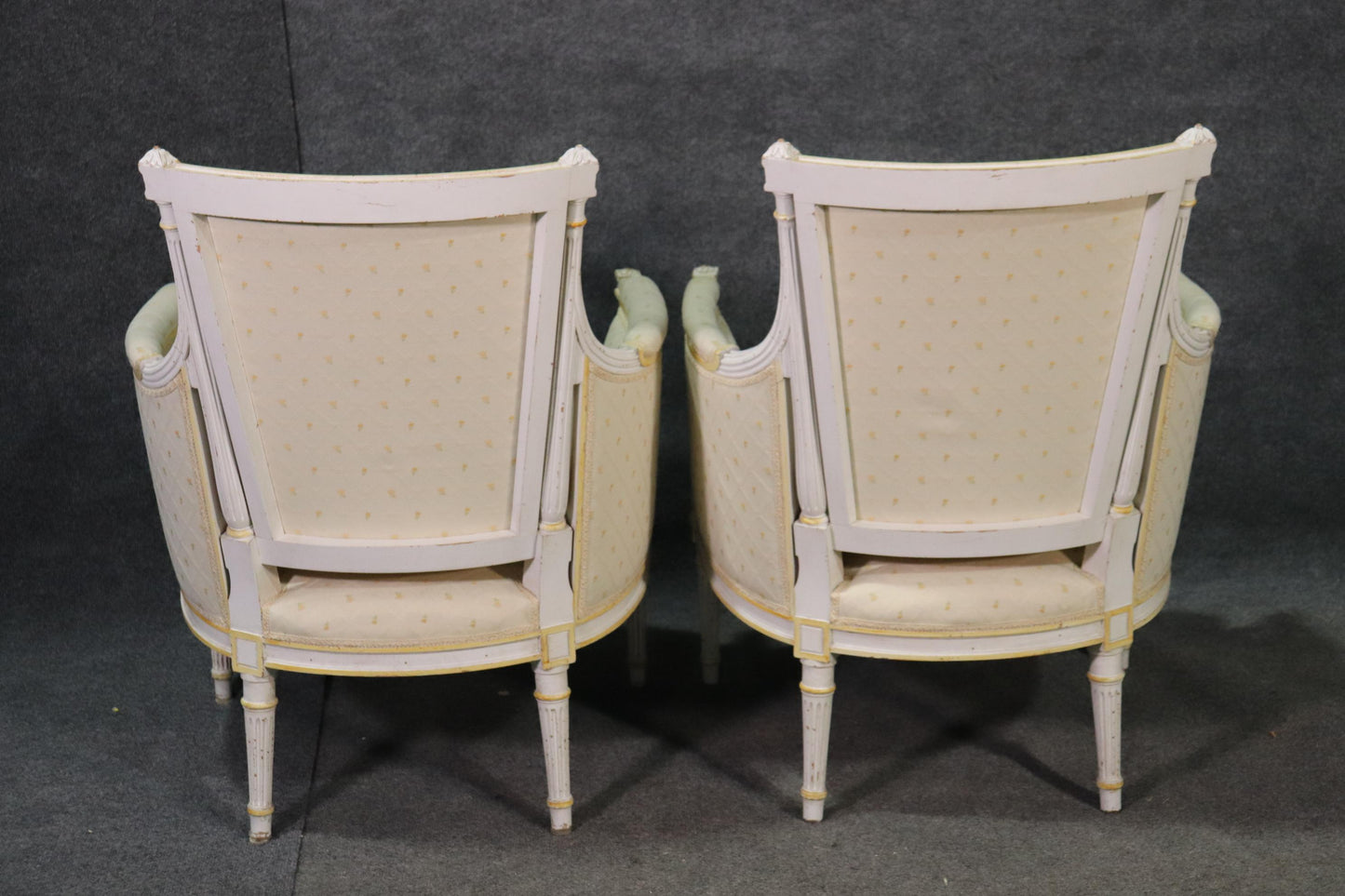 Pair Signed Maison Jansen White Painted Louis XVI Bergère Lounge Chairs C1940