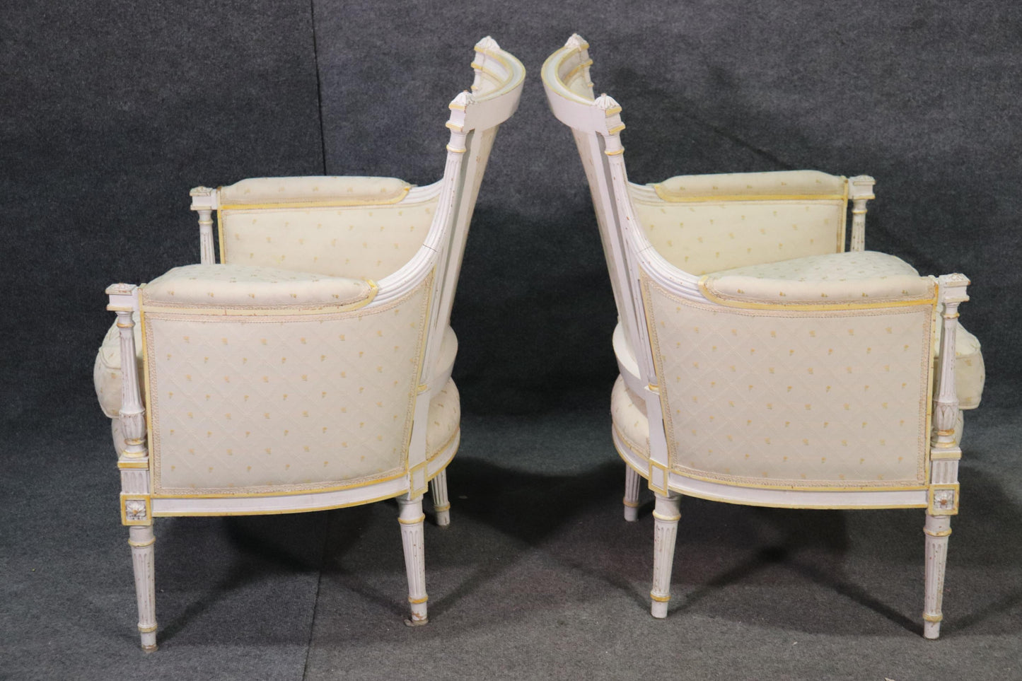 Pair Signed Maison Jansen White Painted Louis XVI Bergère Lounge Chairs C1940