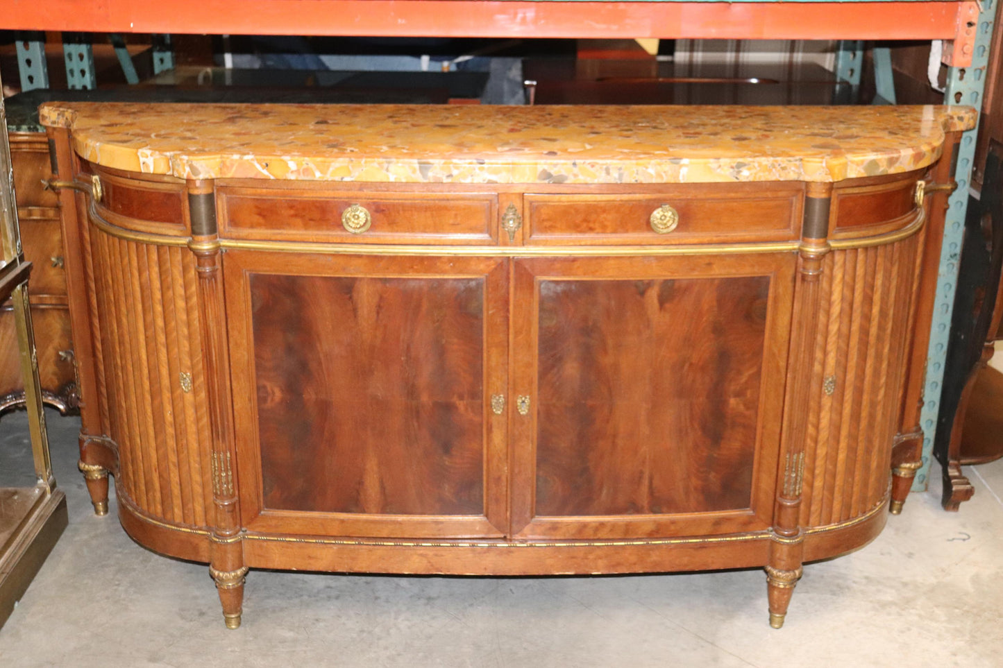 Fine French Breche D' Alep Marble Top Faux Tambor Doors Directoire Sideboard