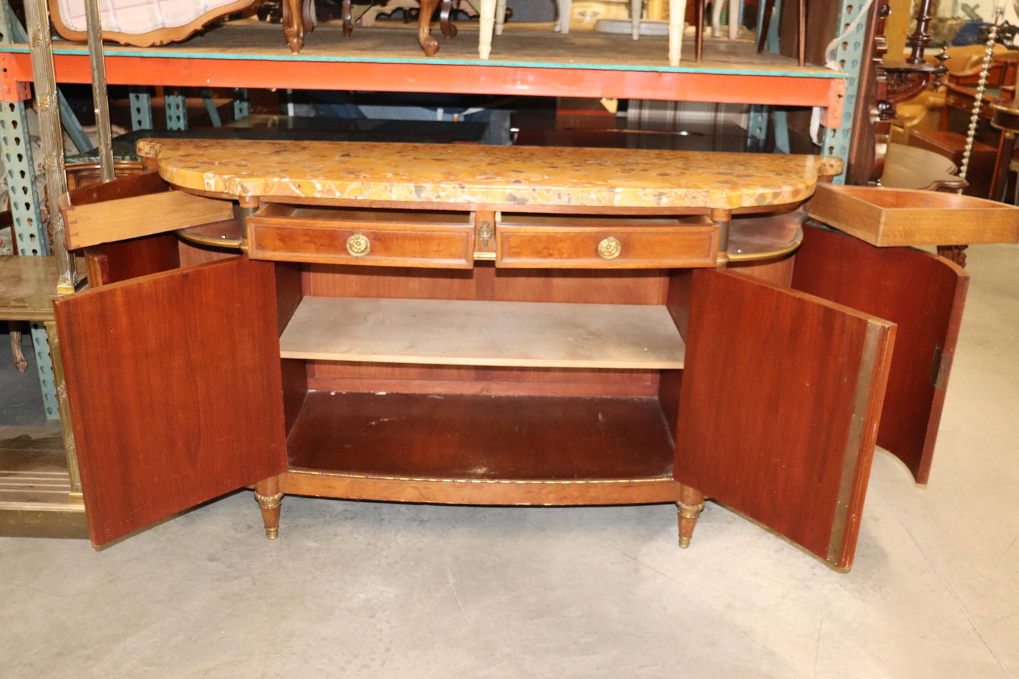 Fine French Breche D' Alep Marble Top Faux Tambor Doors Directoire Sideboard