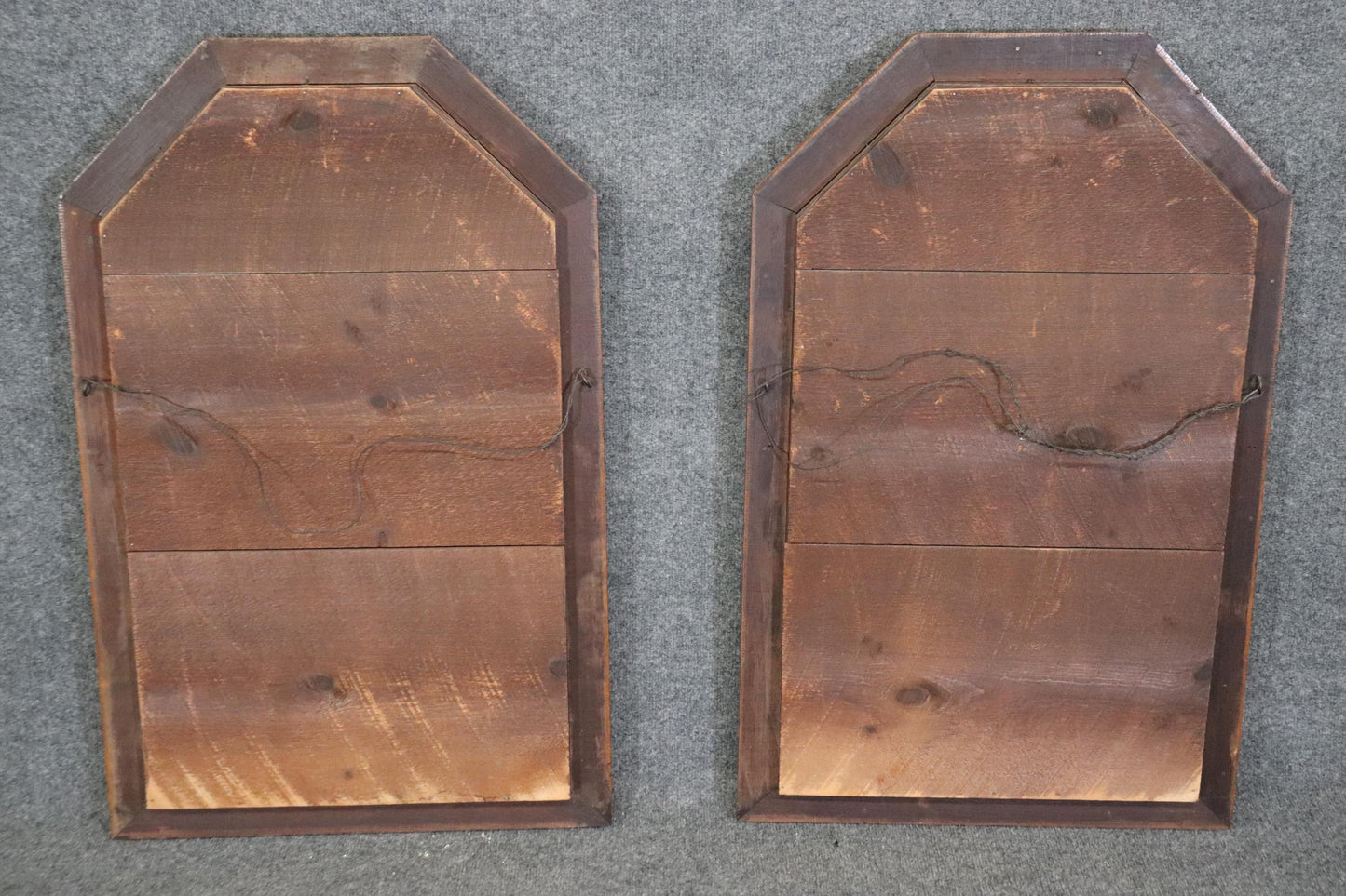 Pair of Highly Molded Walnut Geometric Pseudo Gothic Style Gilded Wall Mirrors