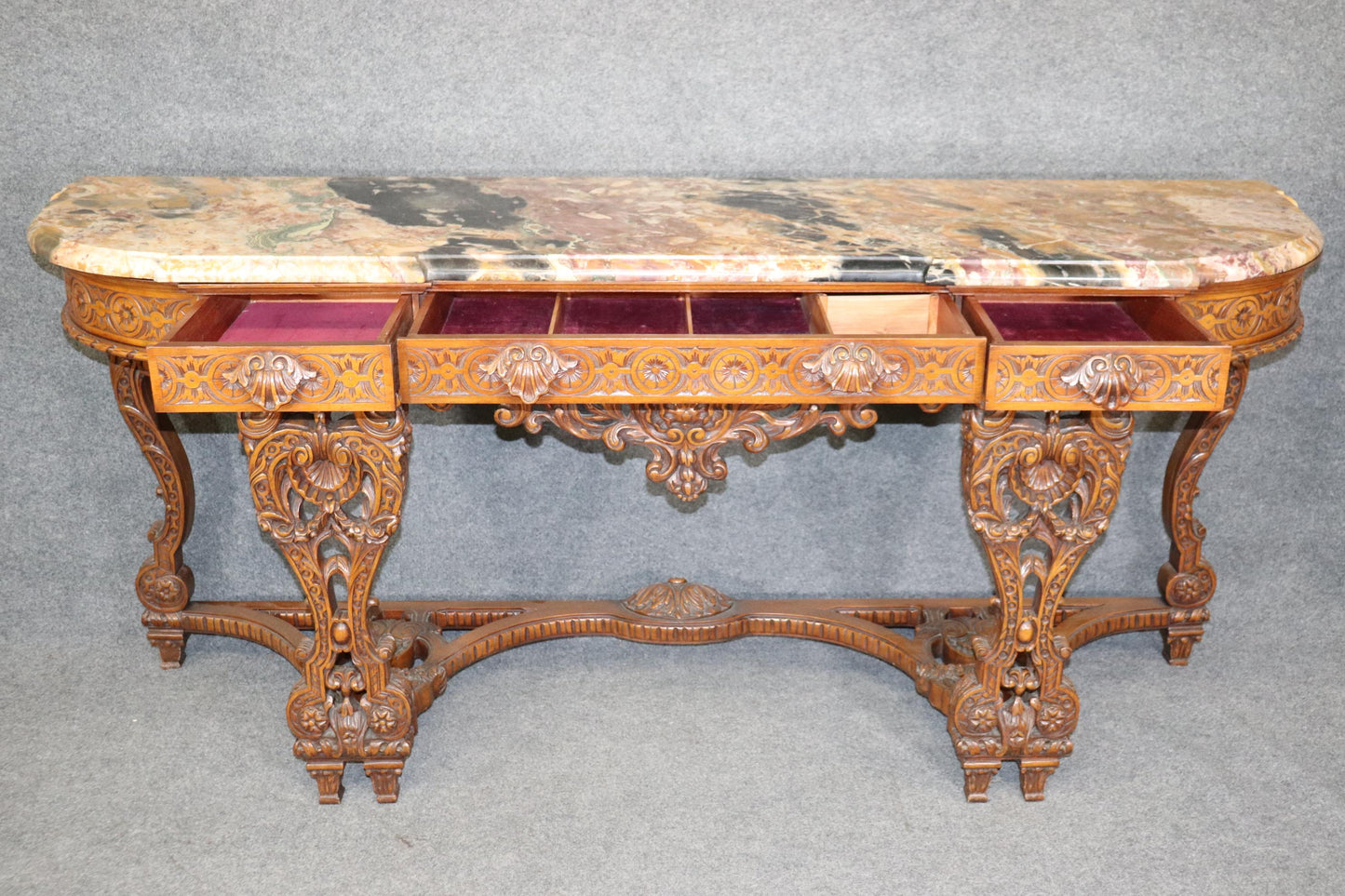 Massive Breccia Vendome Marble Top French Louis XIV Style Walnut Sideboard