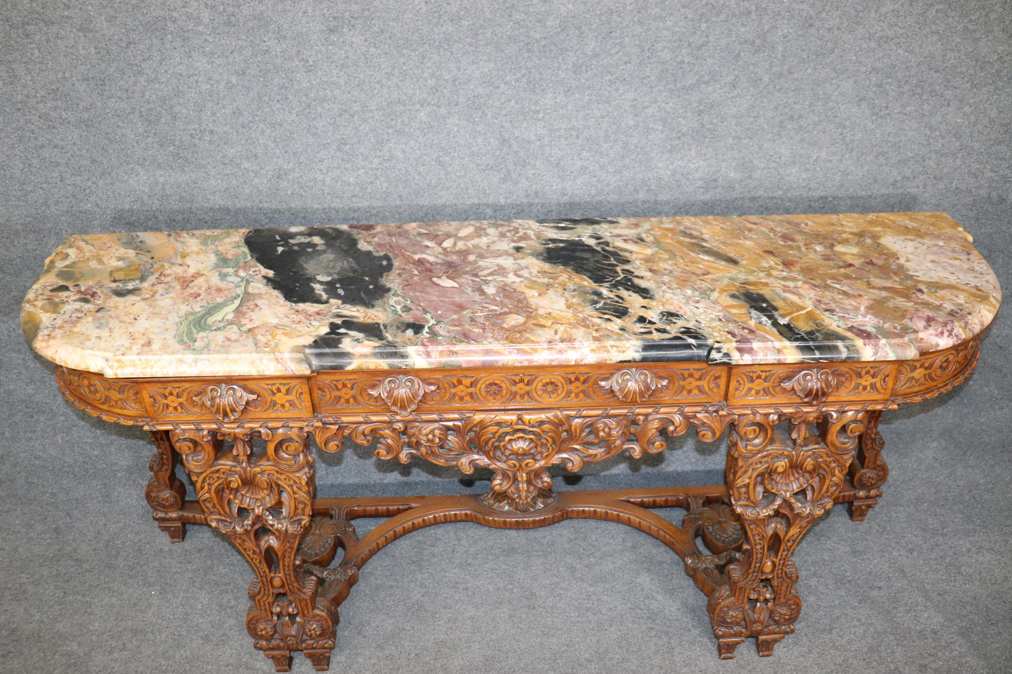 Massive Breccia Vendome Marble Top French Louis XIV Style Walnut Sideboard