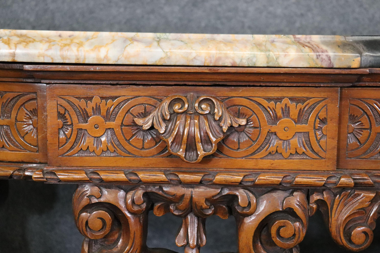 Massive Breccia Vendome Marble Top French Louis XIV Style Walnut Sideboard