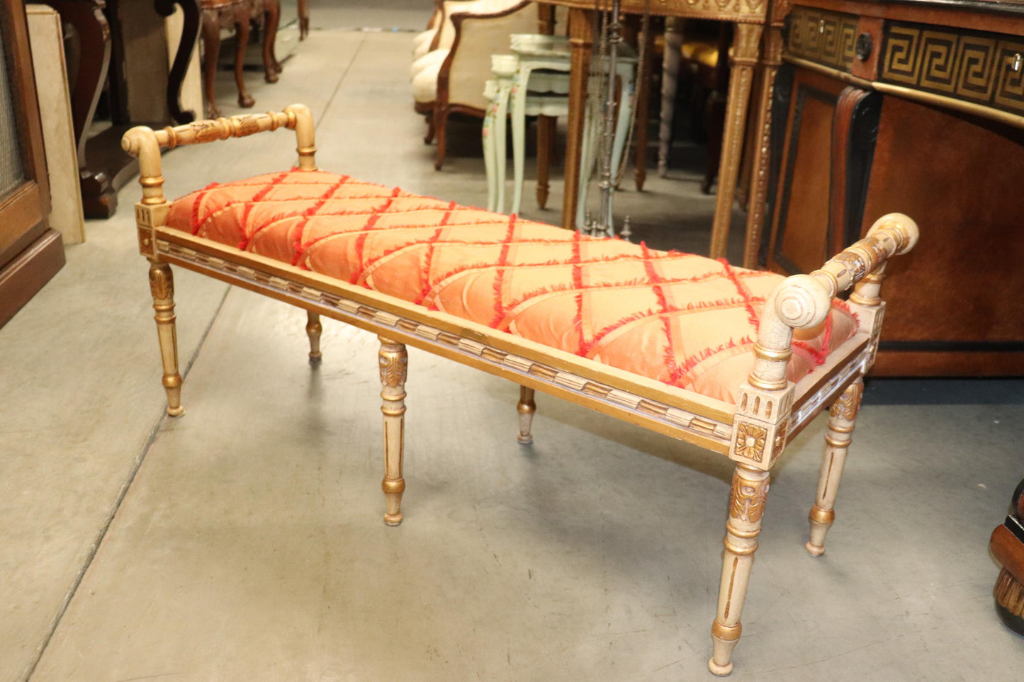 Antique White Painted Gilded French Louis XV Window Bench Stool, Circa 1940