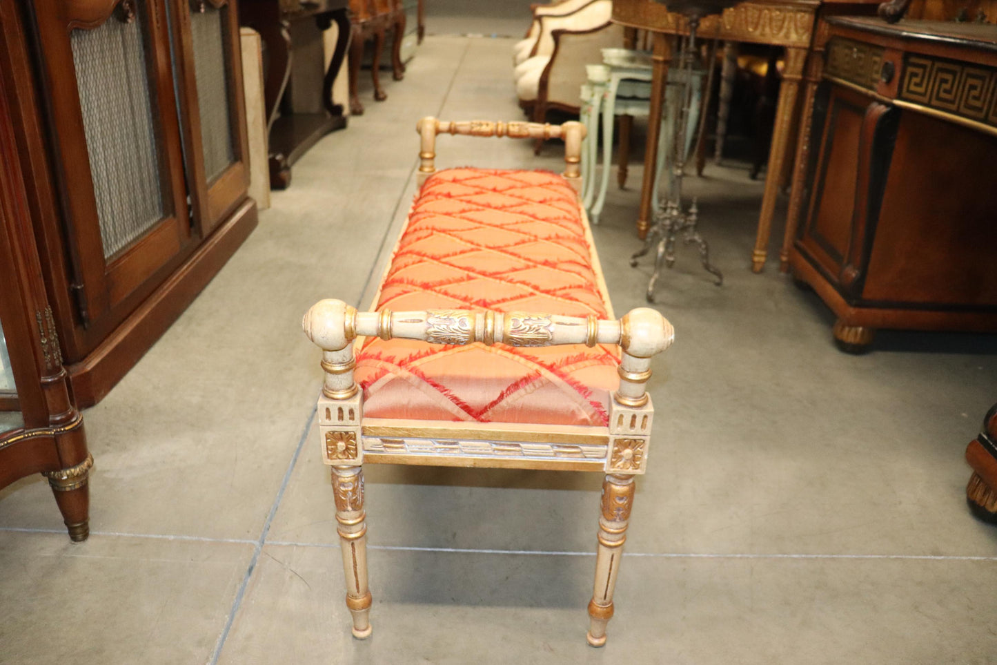 Antique White Painted Gilded French Louis XV Window Bench Stool, Circa 1940