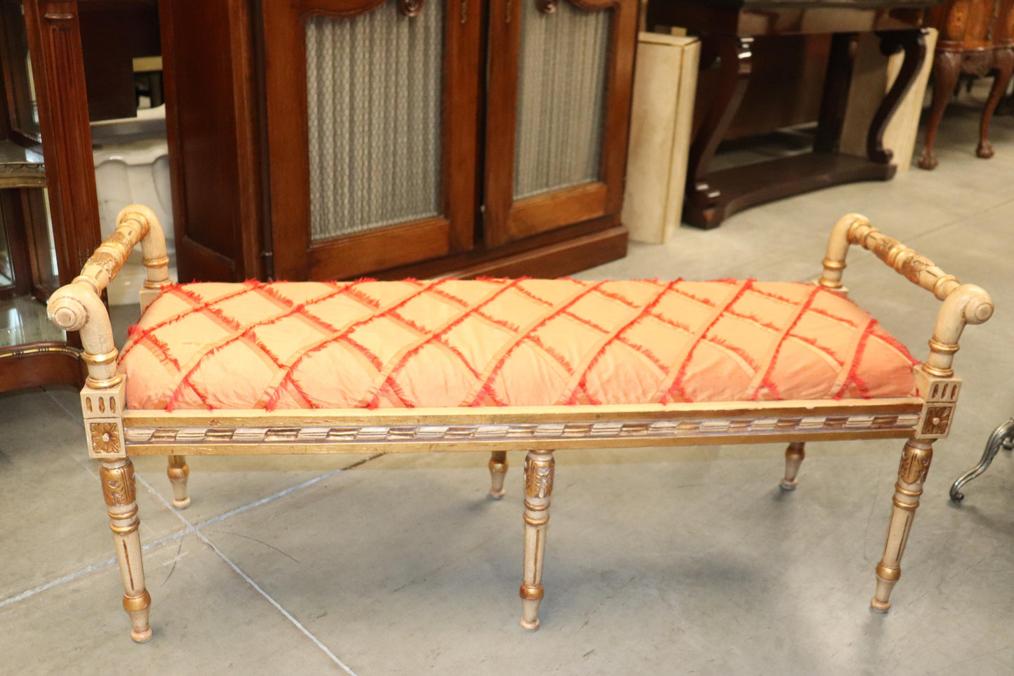 Antique White Painted Gilded French Louis XV Window Bench Stool, Circa 1940