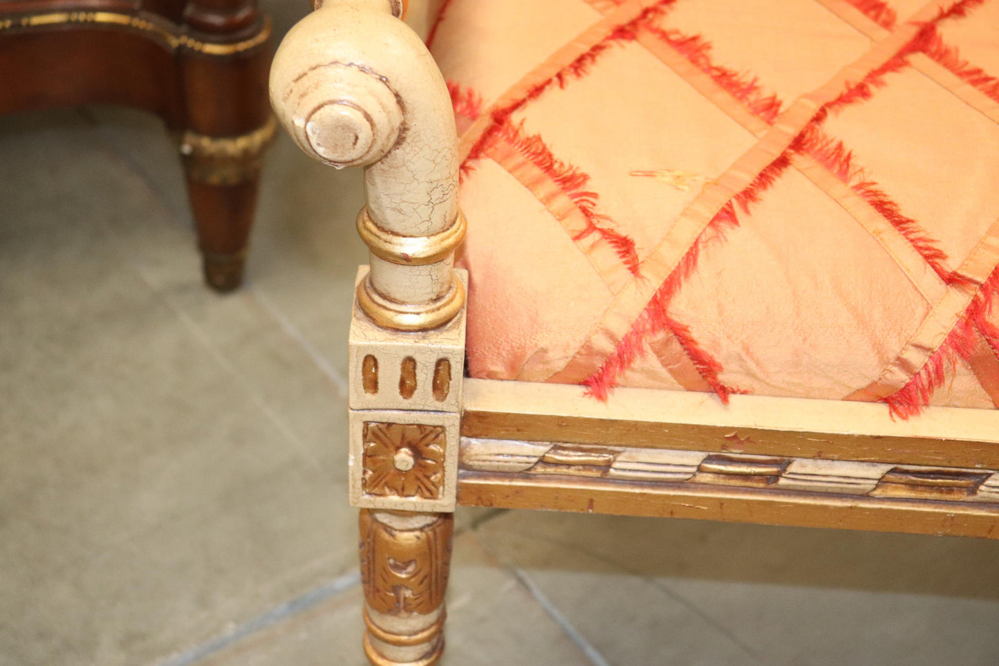 Antique White Painted Gilded French Louis XV Window Bench Stool, Circa 1940