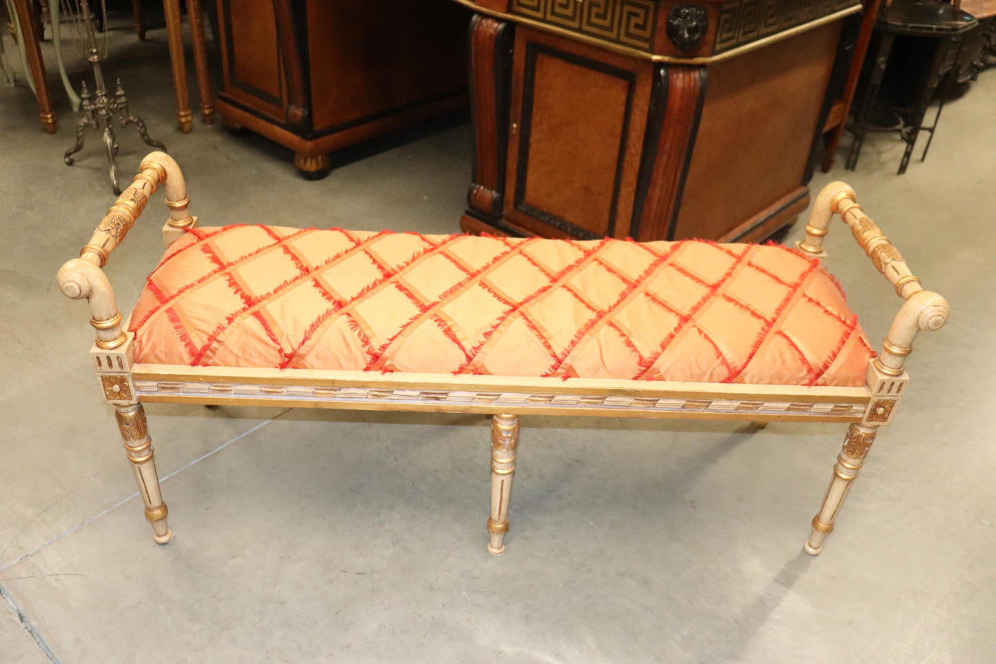 Antique White Painted Gilded French Louis XV Window Bench Stool, Circa 1940