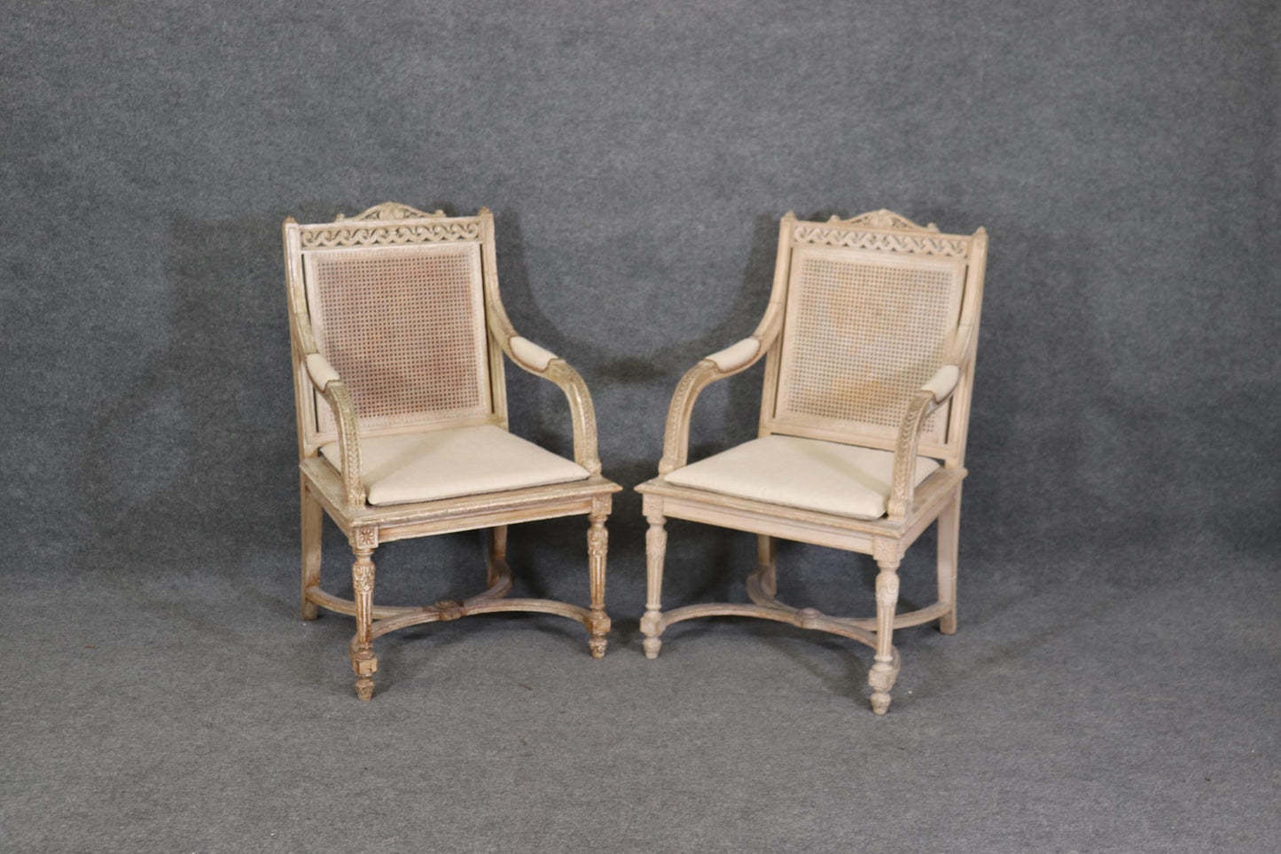 Pair of Cane Back Antique White Paint Decorated Louis XVI Style Armchairs Dini