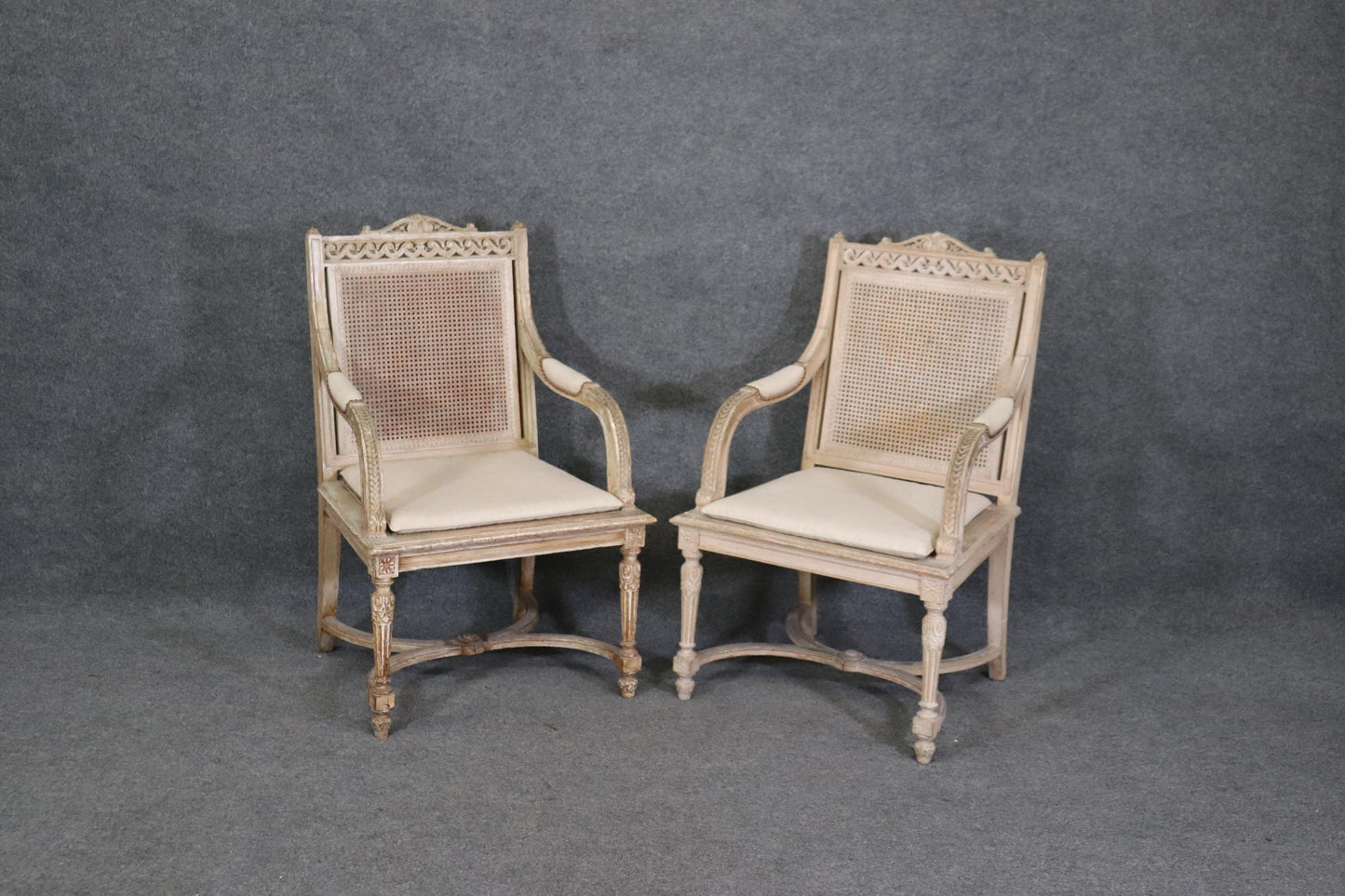 Pair of Cane Back Antique White Paint Decorated Louis XVI Style Armchairs Dini