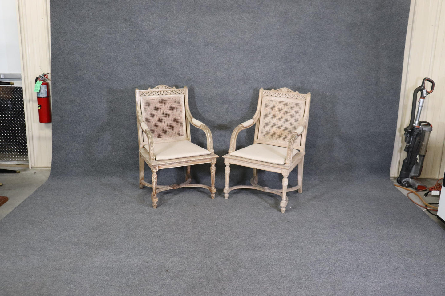 Pair of Cane Back Antique White Paint Decorated Louis XVI Style Armchairs Dini