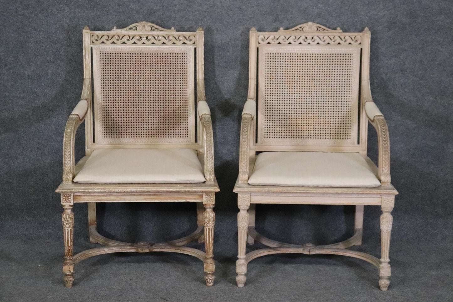 Pair of Cane Back Antique White Paint Decorated Louis XVI Style Armchairs Dini