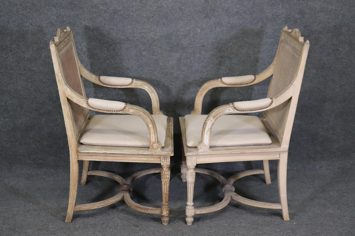 Pair of Cane Back Antique White Paint Decorated Louis XVI Style Armchairs Dini