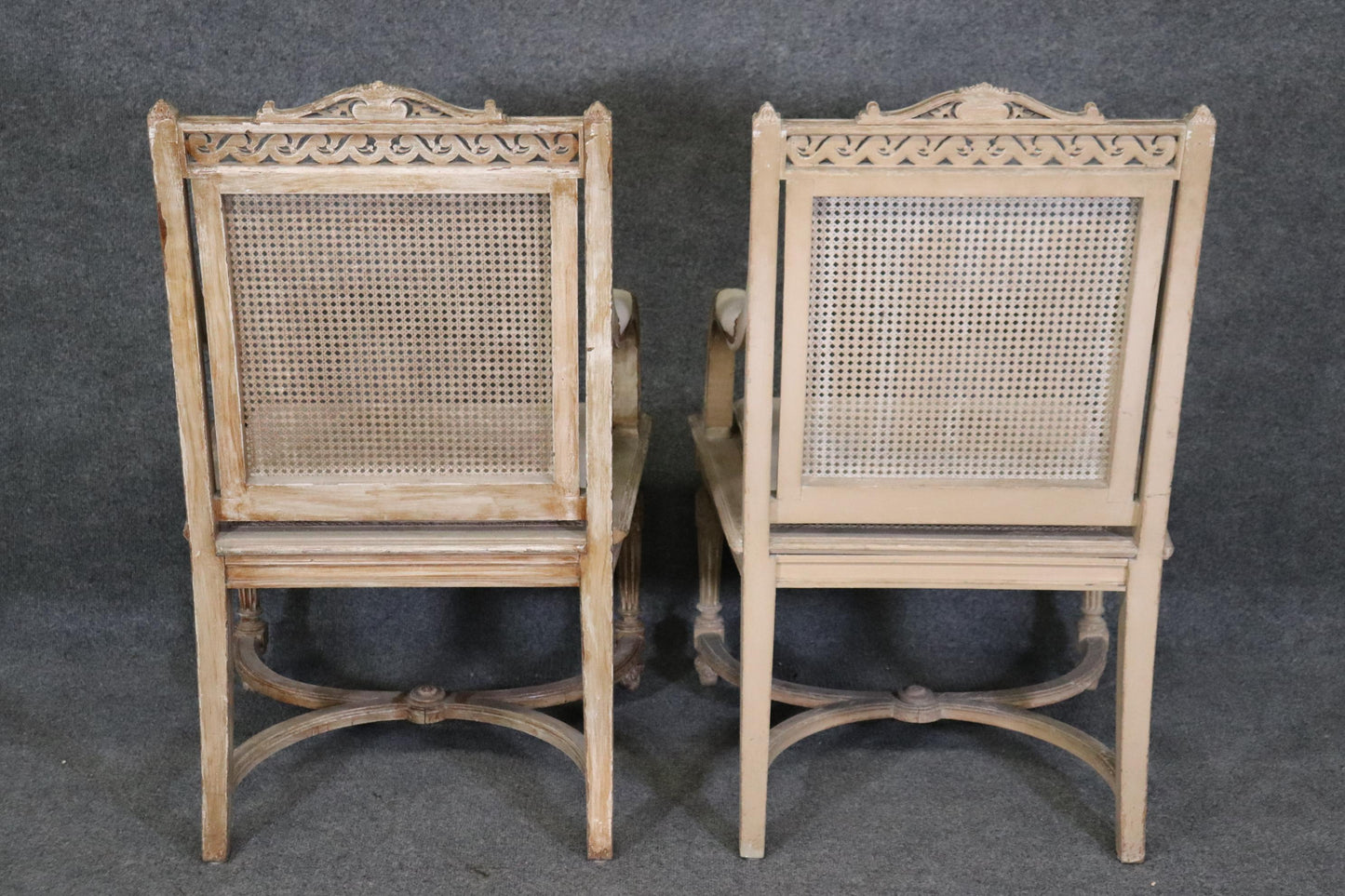 Pair of Cane Back Antique White Paint Decorated Louis XVI Style Armchairs Dini