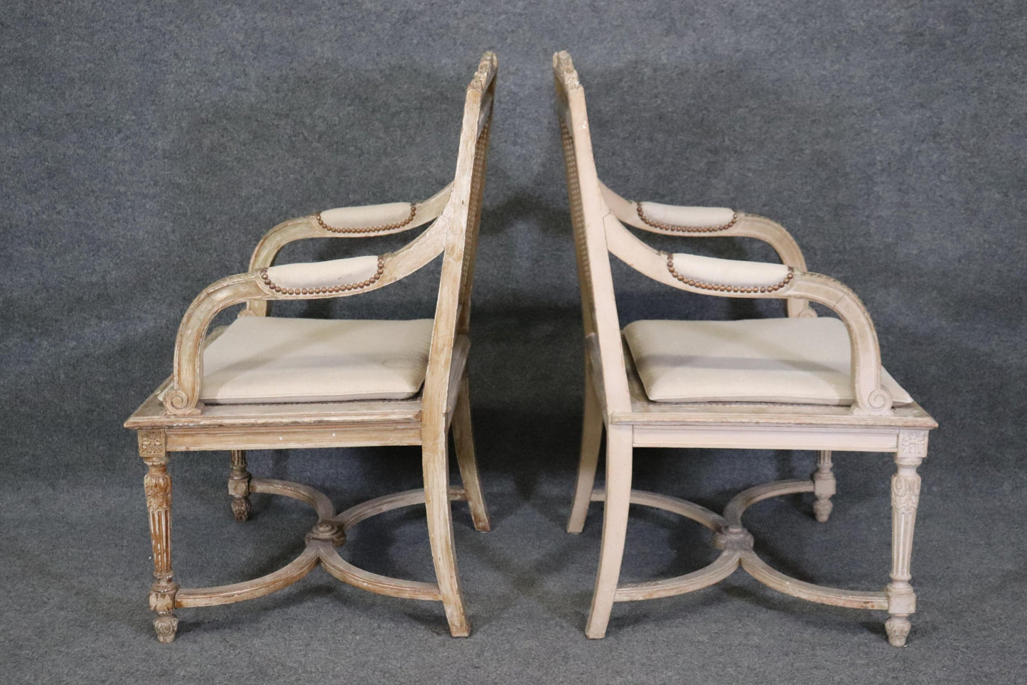 Pair of Cane Back Antique White Paint Decorated Louis XVI Style Armchairs Dini