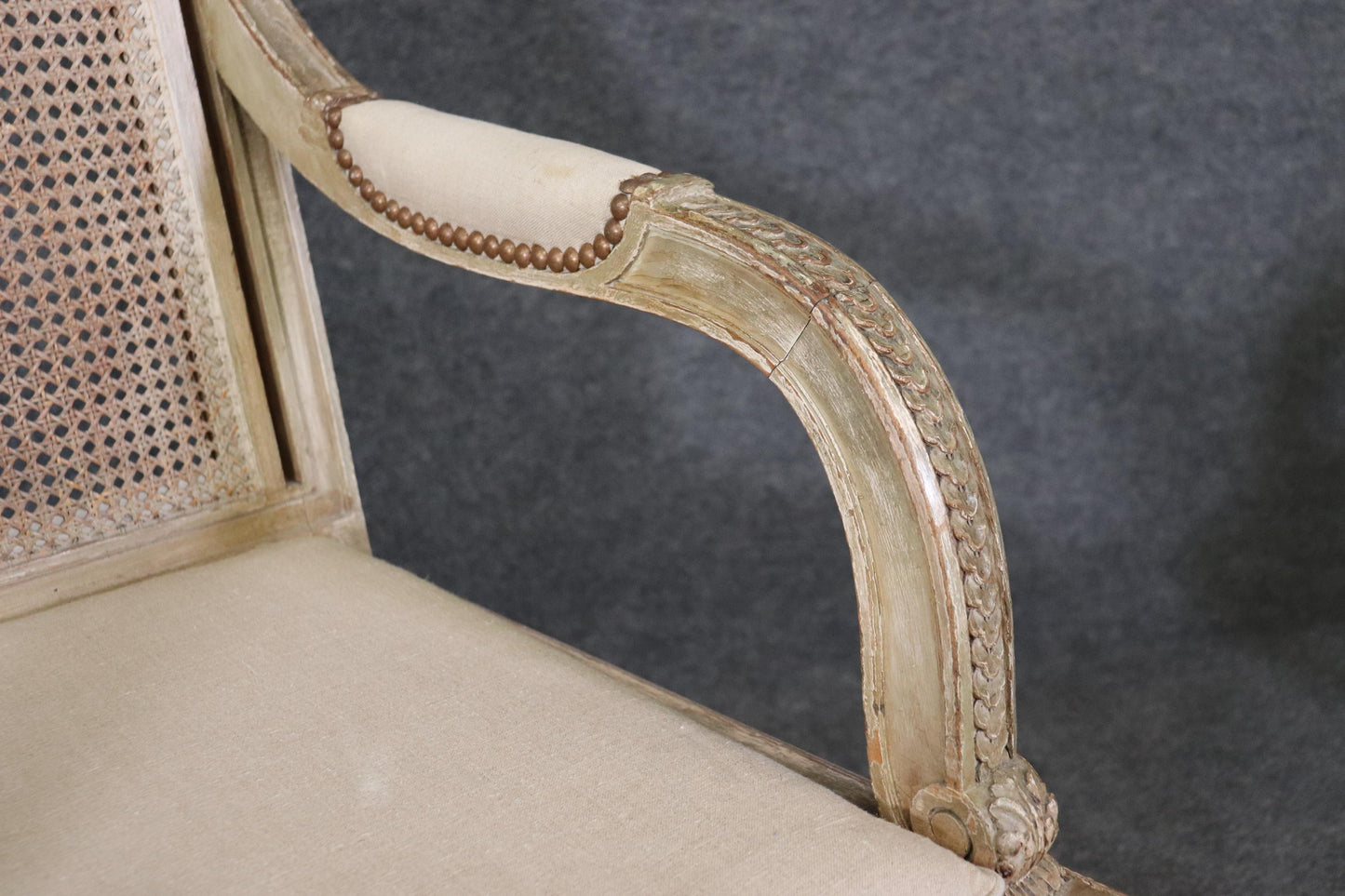 Pair of Cane Back Antique White Paint Decorated Louis XVI Style Armchairs Dini