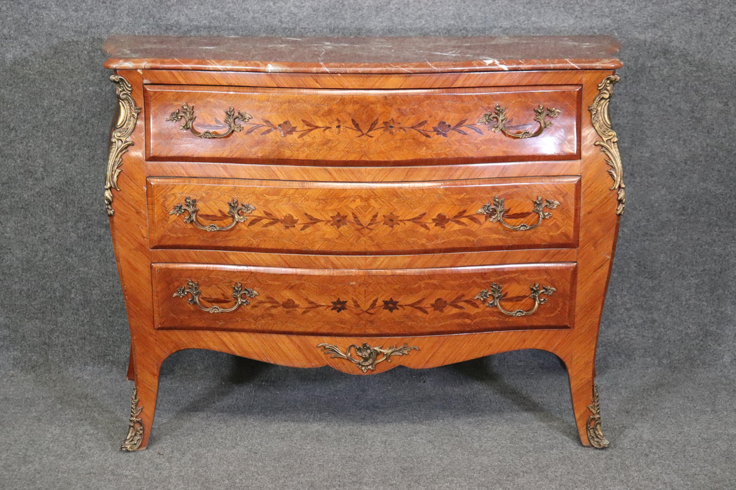 Fine Quality Three Drawer French Louis XV Marble Top Commode