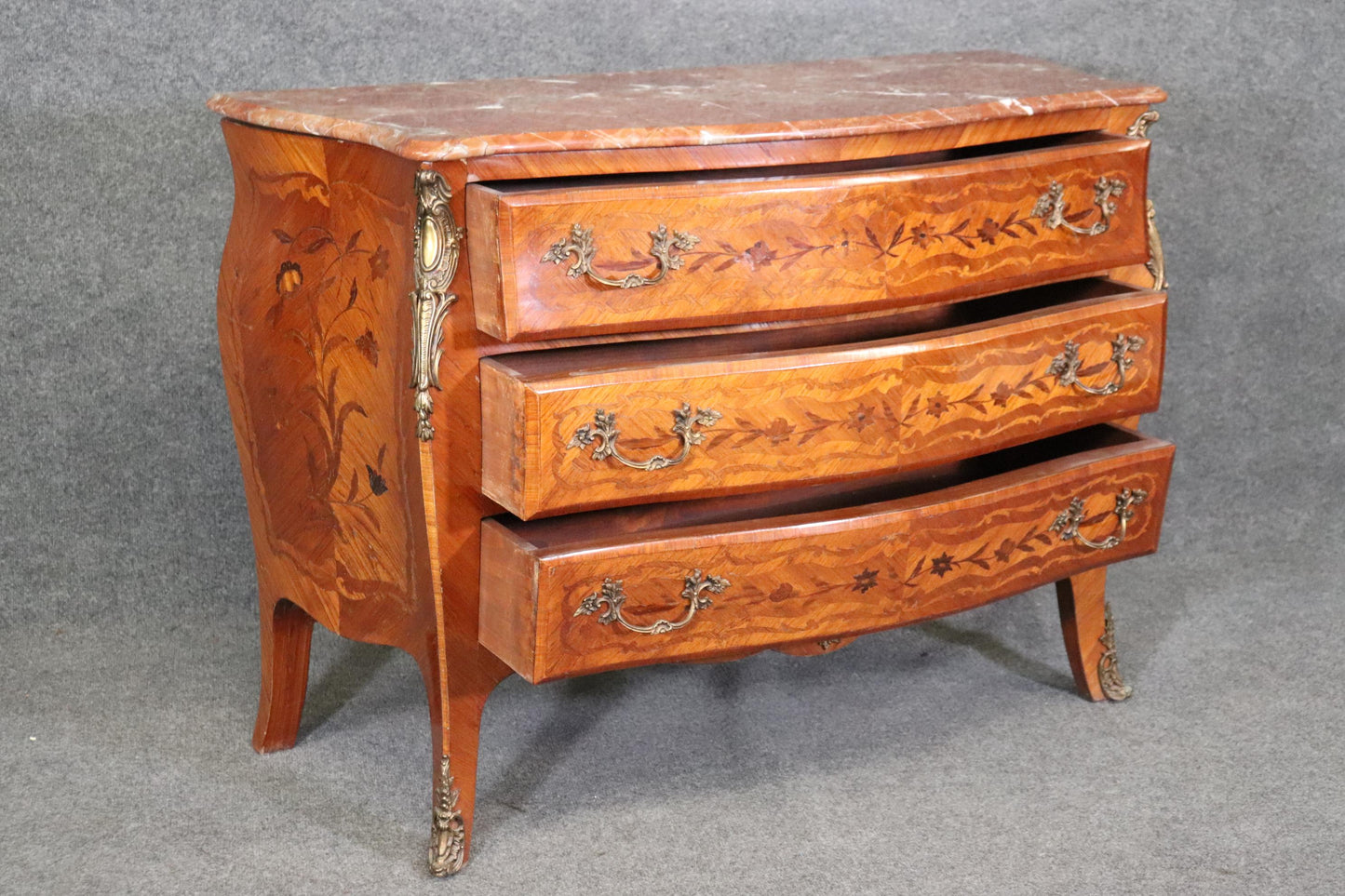 Fine Quality Three Drawer French Louis XV Marble Top Commode