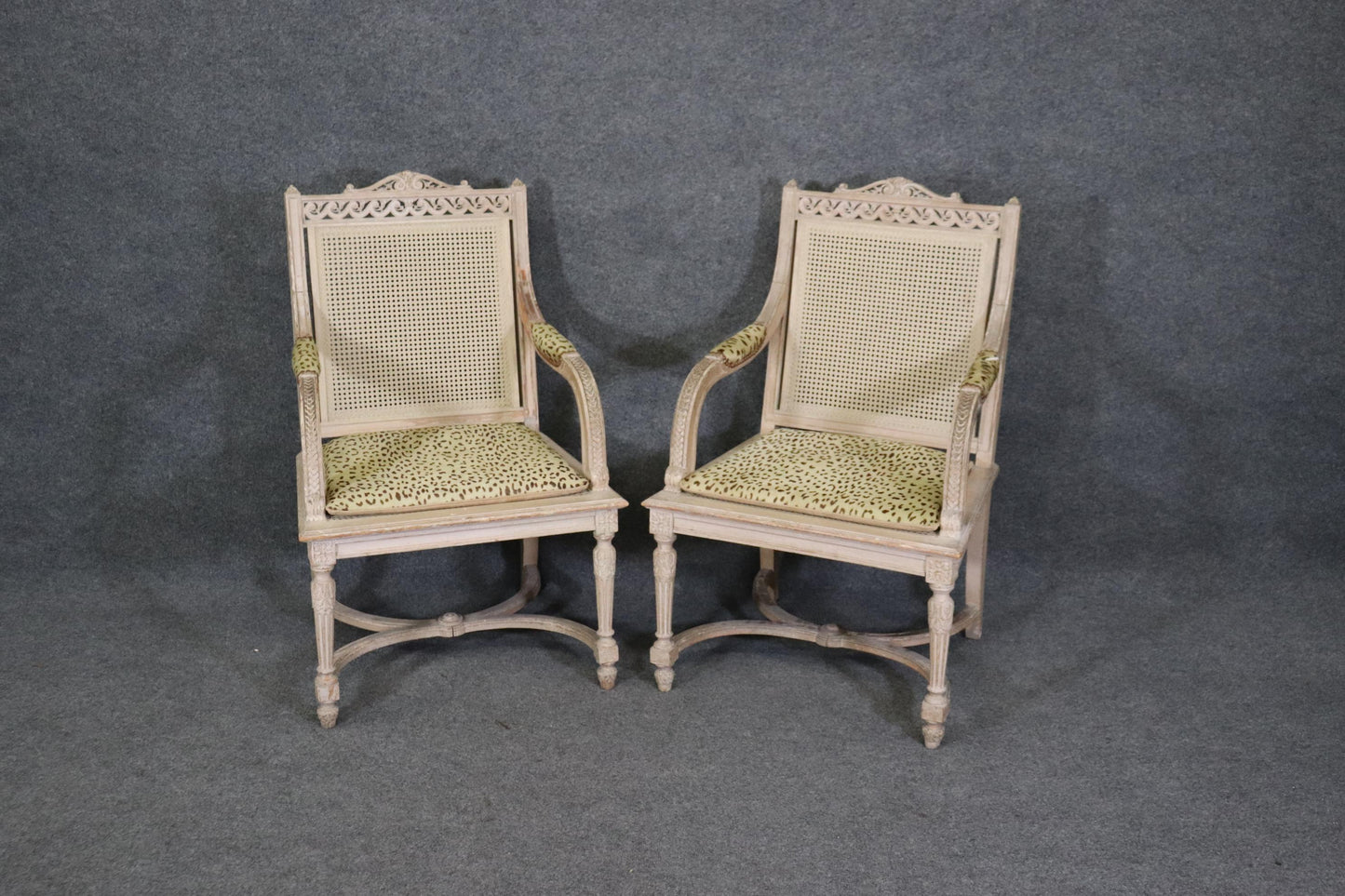 Pair of Cane Back Antique White Paint Decorated Louis XVI Style Armchairs Dining