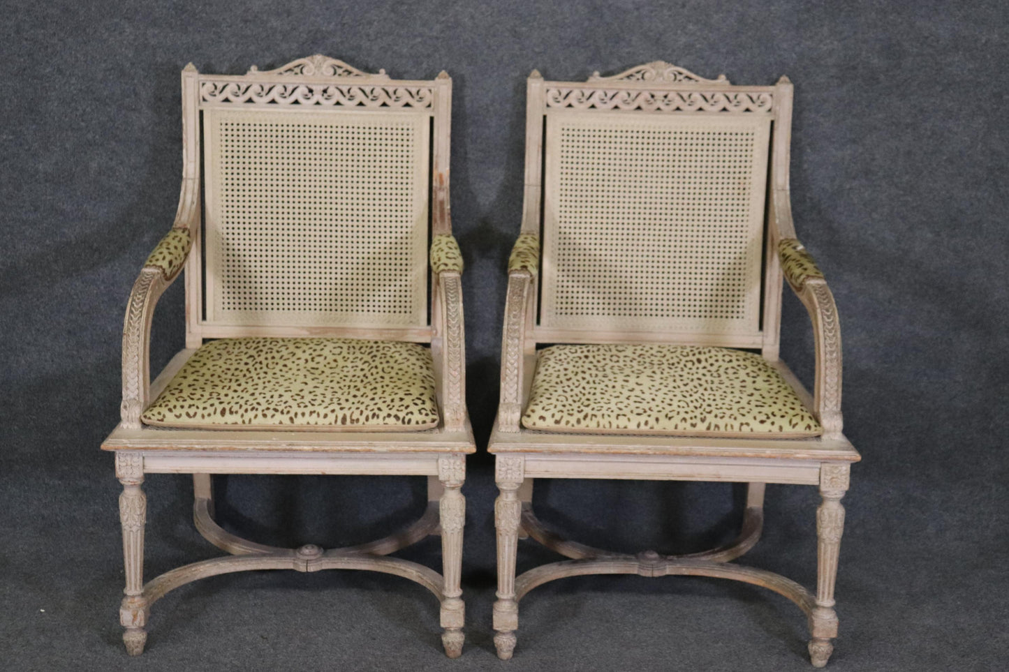 Pair of Cane Back Antique White Paint Decorated Louis XVI Style Armchairs Dining