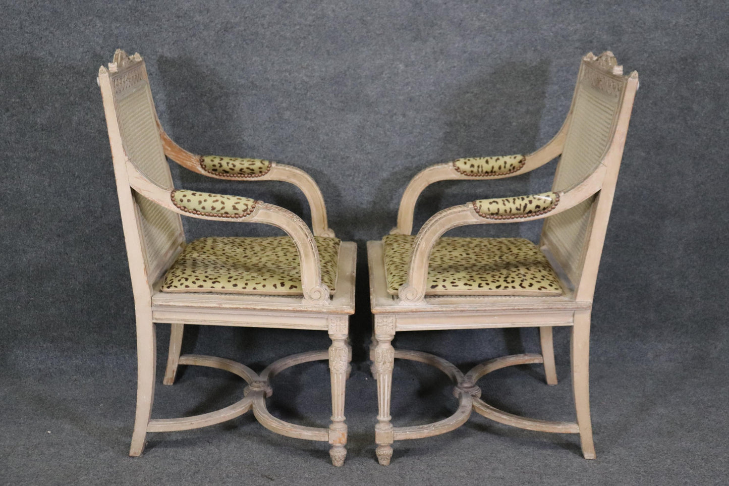 Pair of Cane Back Antique White Paint Decorated Louis XVI Style Armchairs Dining