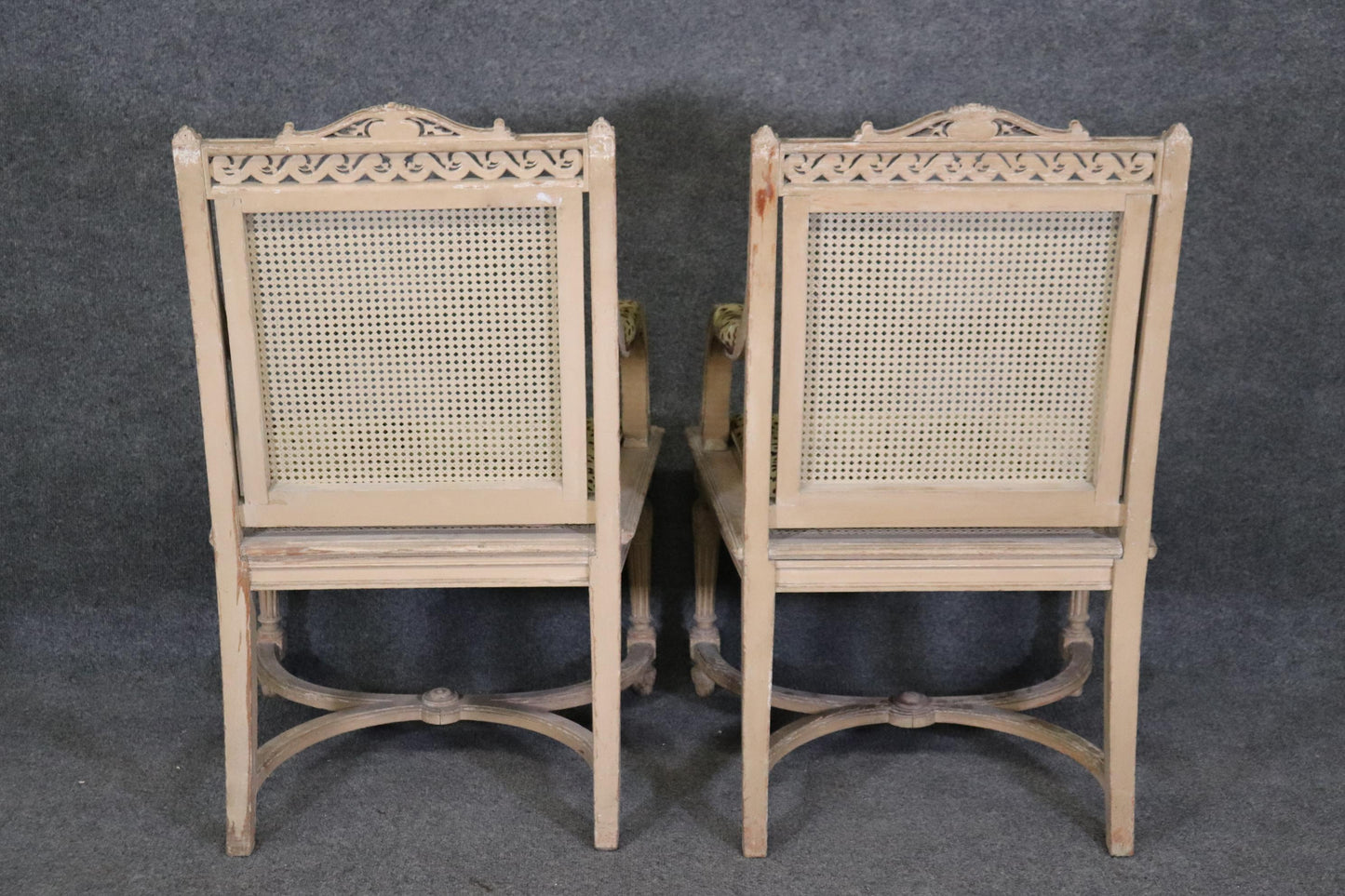 Pair of Cane Back Antique White Paint Decorated Louis XVI Style Armchairs Dining