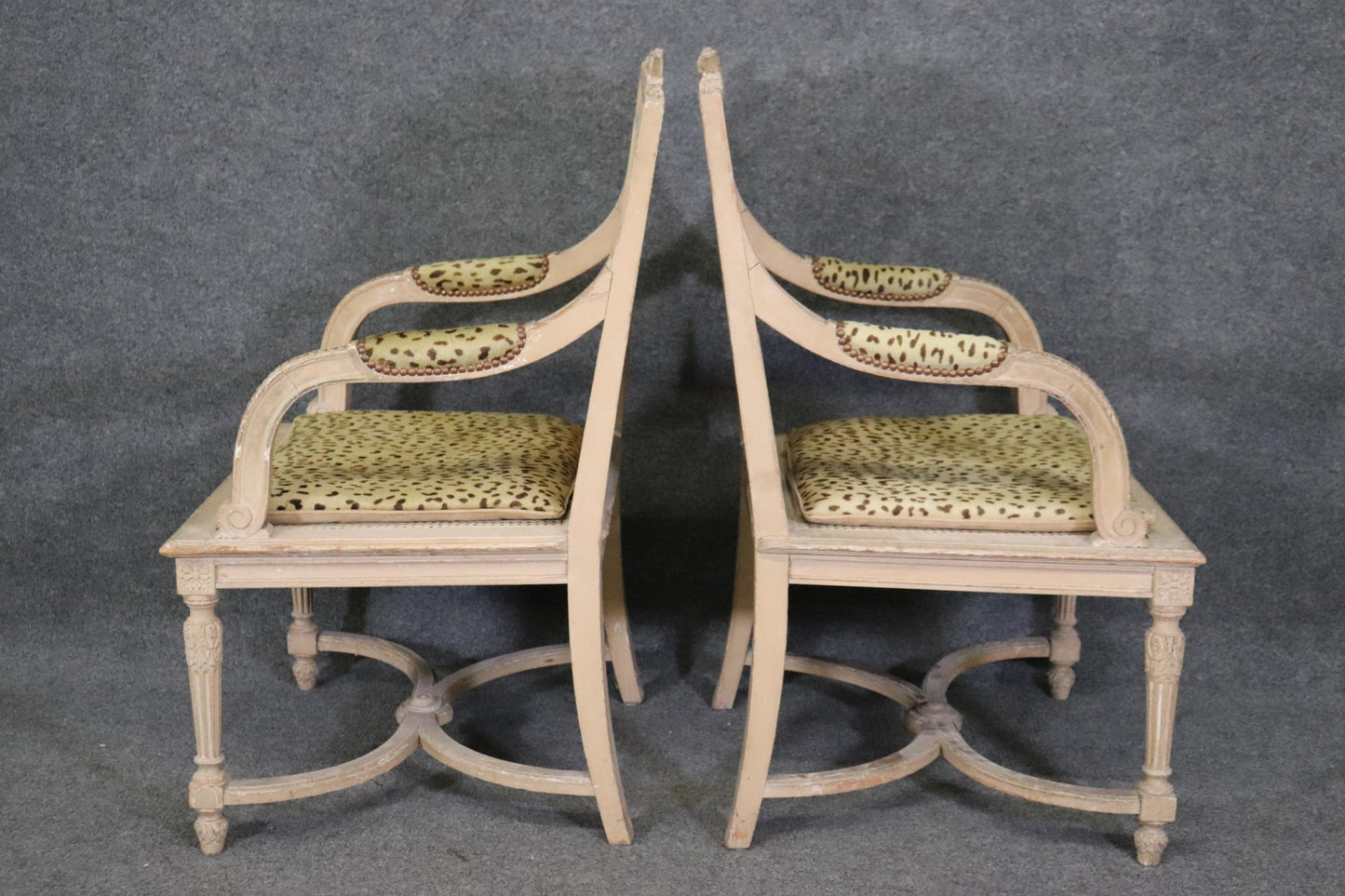 Pair of Cane Back Antique White Paint Decorated Louis XVI Style Armchairs Dining