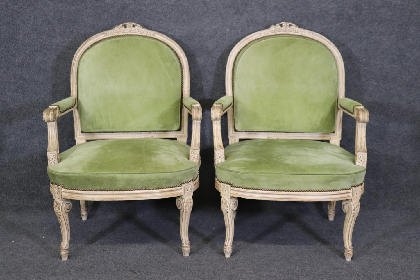 Fine Pair Antique White Paint Decorated French Louis XV Large Scale Armchairs