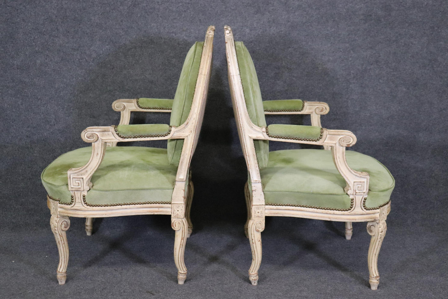 Fine Pair Antique White Paint Decorated French Louis XV Large Scale Armchairs