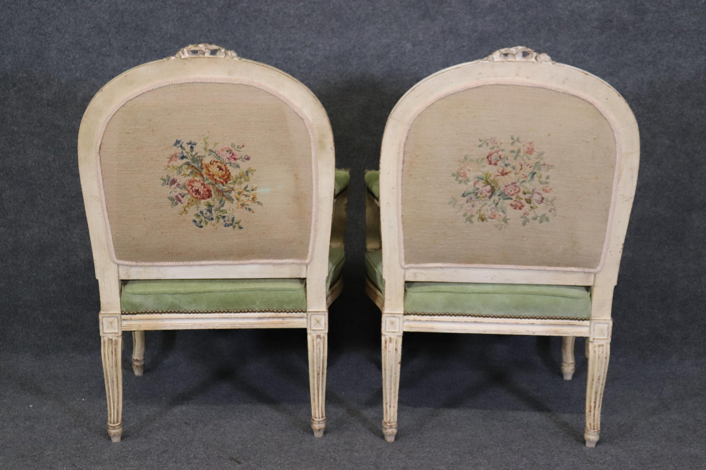 Fine Pair Antique White Paint Decorated French Louis XV Large Scale Armchairs