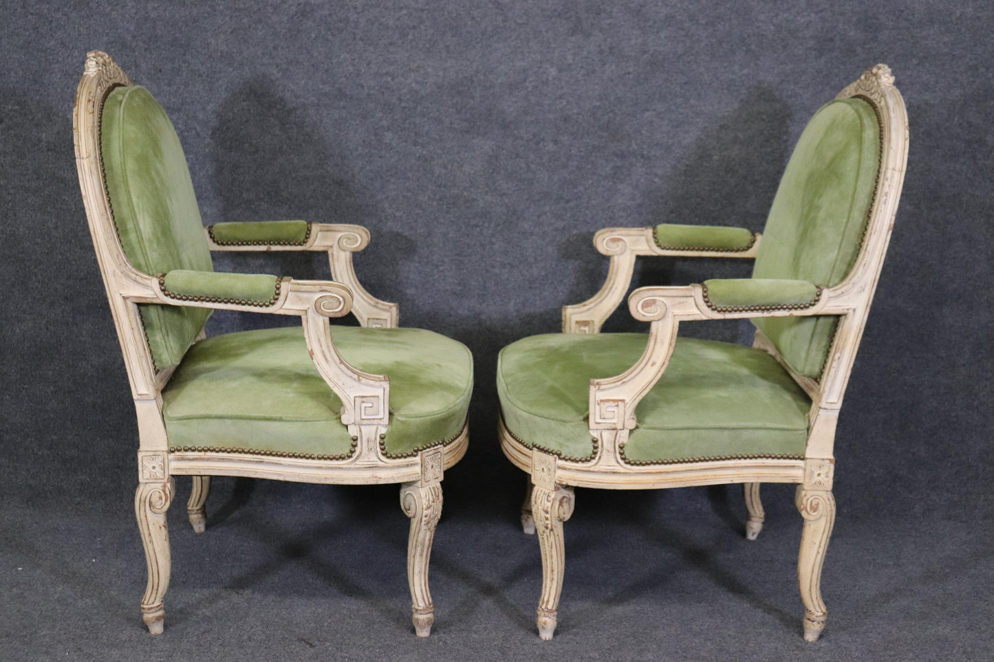 Fine Pair Antique White Paint Decorated French Louis XV Large Scale Armchairs