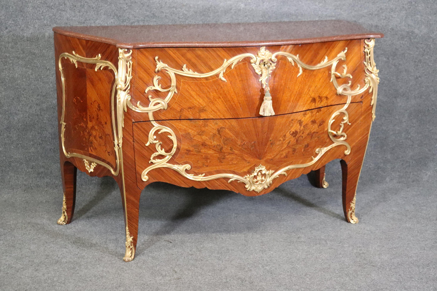 Fine Ormolu Mounted French Louis XV Rouge Marble Top Radiating Inlay Commode