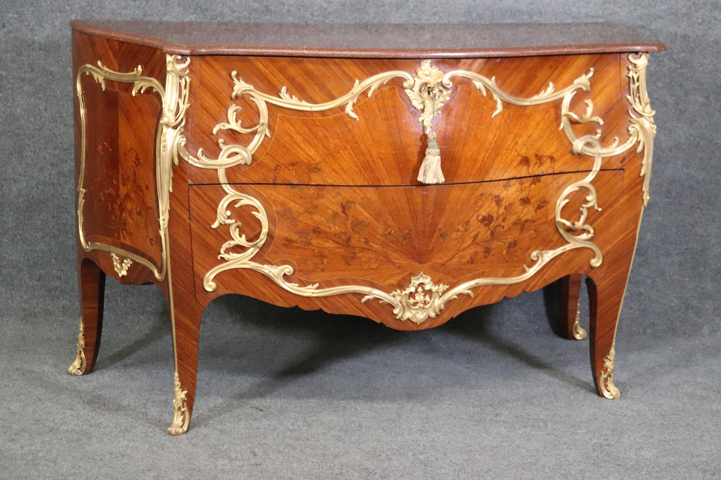 Fine Ormolu Mounted French Louis XV Rouge Marble Top Radiating Inlay Commode