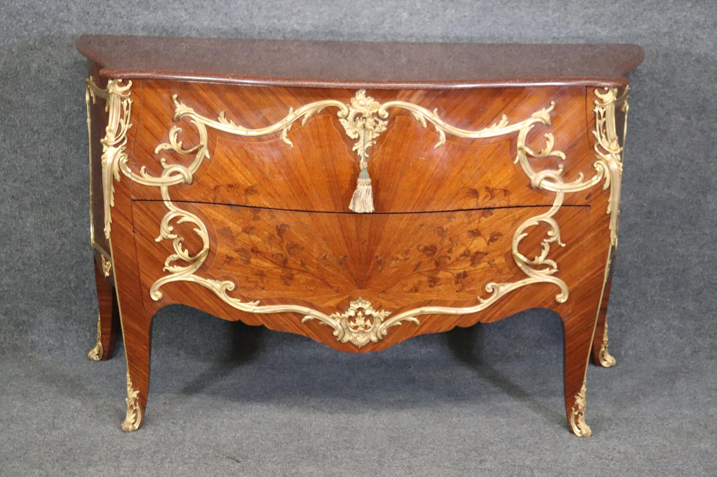 Fine Ormolu Mounted French Louis XV Rouge Marble Top Radiating Inlay Commode