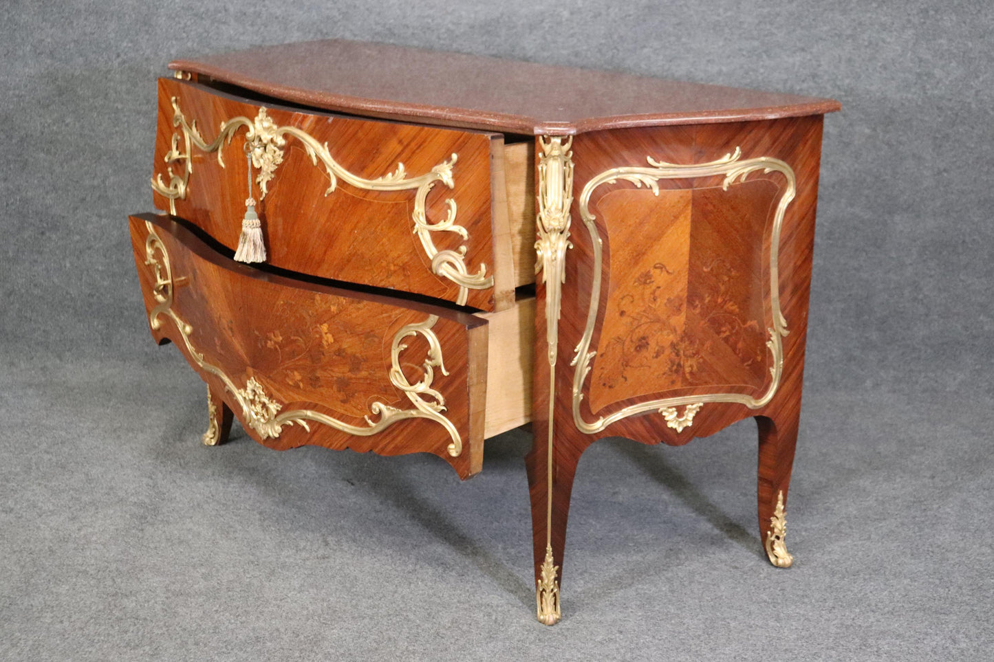 Fine Ormolu Mounted French Louis XV Rouge Marble Top Radiating Inlay Commode