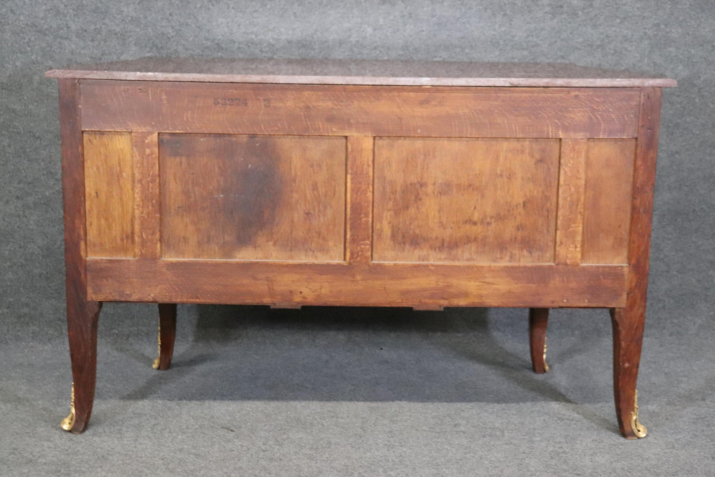 Fine Ormolu Mounted French Louis XV Rouge Marble Top Radiating Inlay Commode