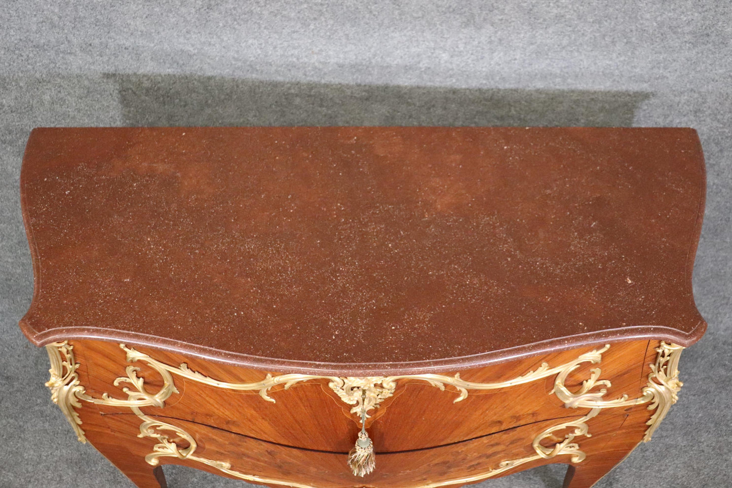 Fine Ormolu Mounted French Louis XV Rouge Marble Top Radiating Inlay Commode