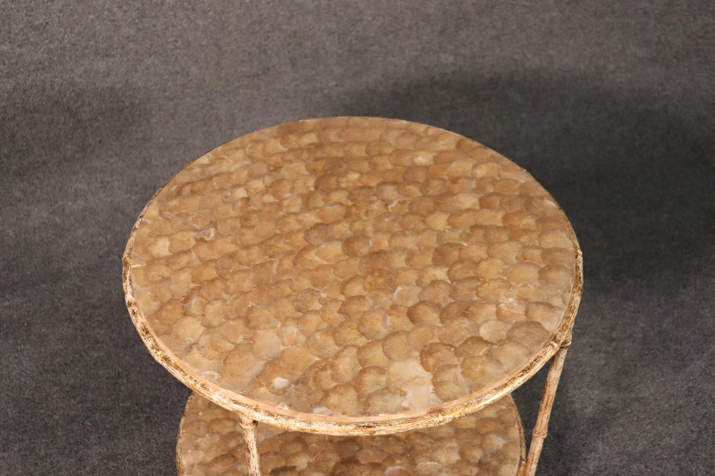 Unique Round Faux Bamboo Capiz Shell Hollywood Regency Two-Tier End Table