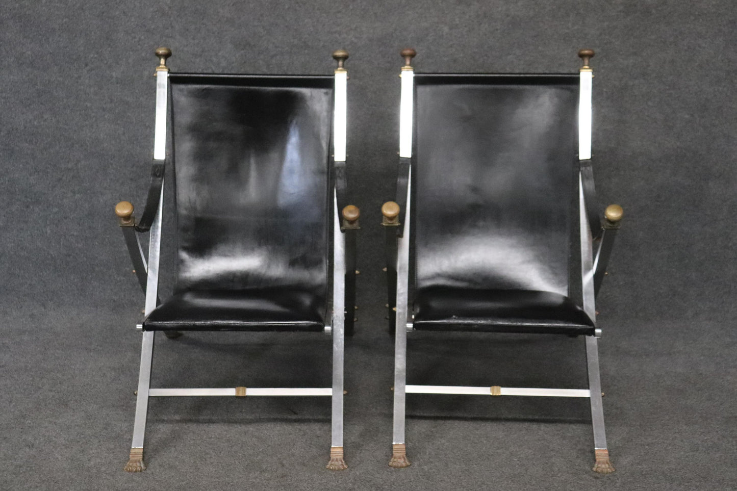 Pair of Maison Jansen Brass and Steel Paw Footed Campaign Chairs