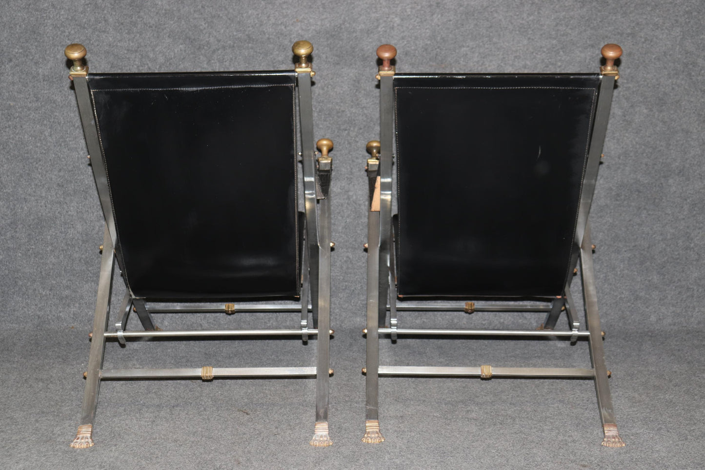 Pair of Maison Jansen Brass and Steel Paw Footed Campaign Chairs