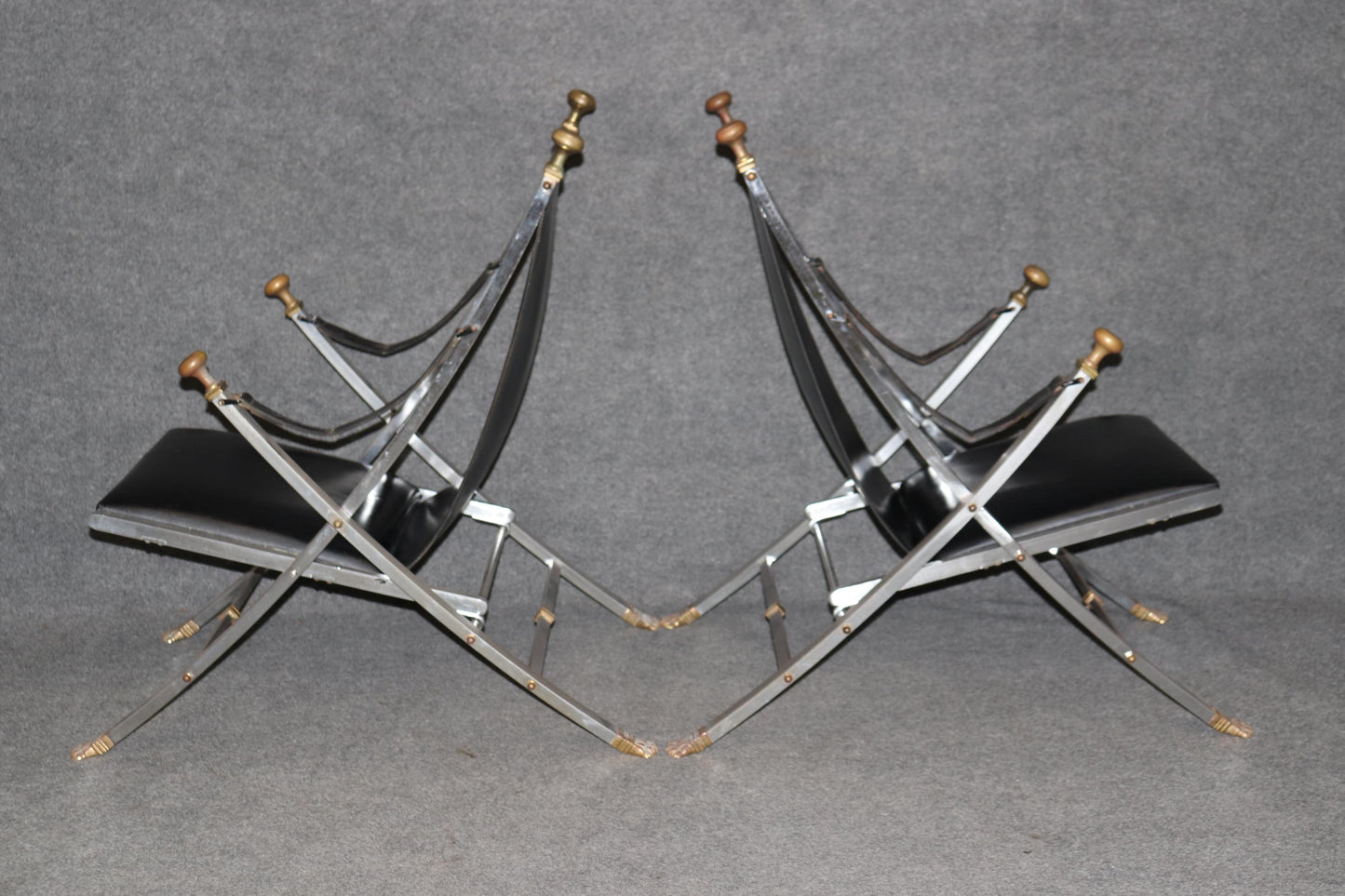 Pair of Maison Jansen Brass and Steel Paw Footed Campaign Chairs