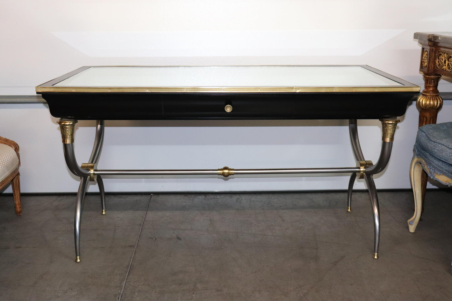 Rare Brass and Steel Aged Mirrored Top John Vesey Style Ebonzed Writing Desk