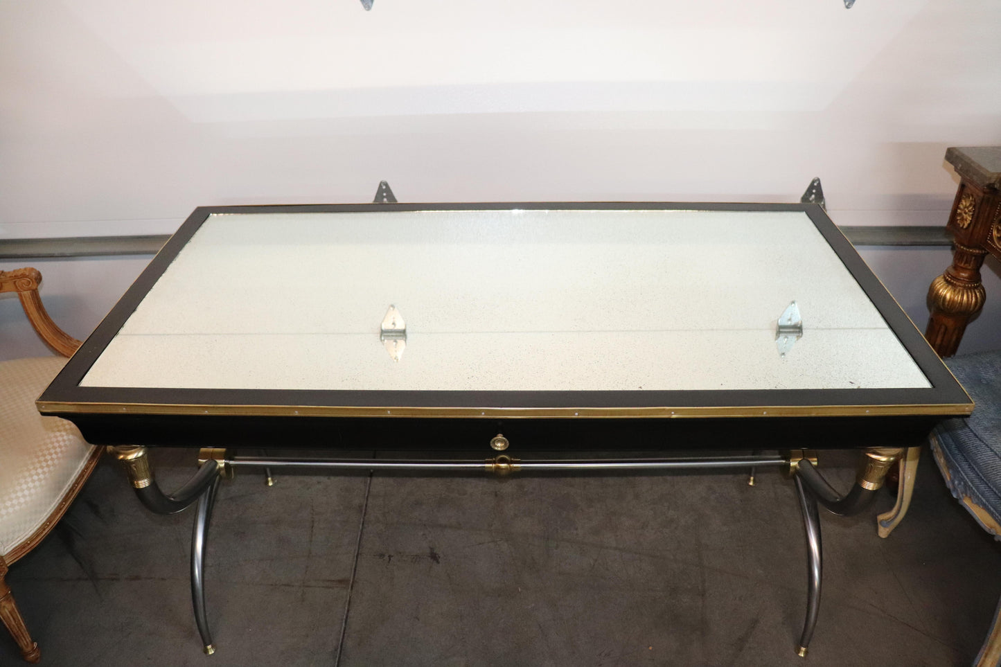 Rare Brass and Steel Aged Mirrored Top John Vesey Style Ebonzed Writing Desk