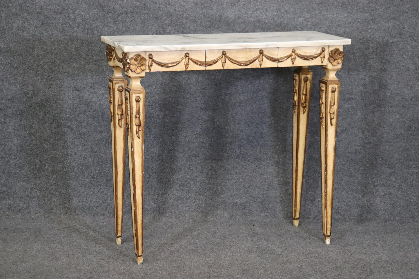 Creme Painted Marble Top Neoclassical Style Italian Console Table with Drawer