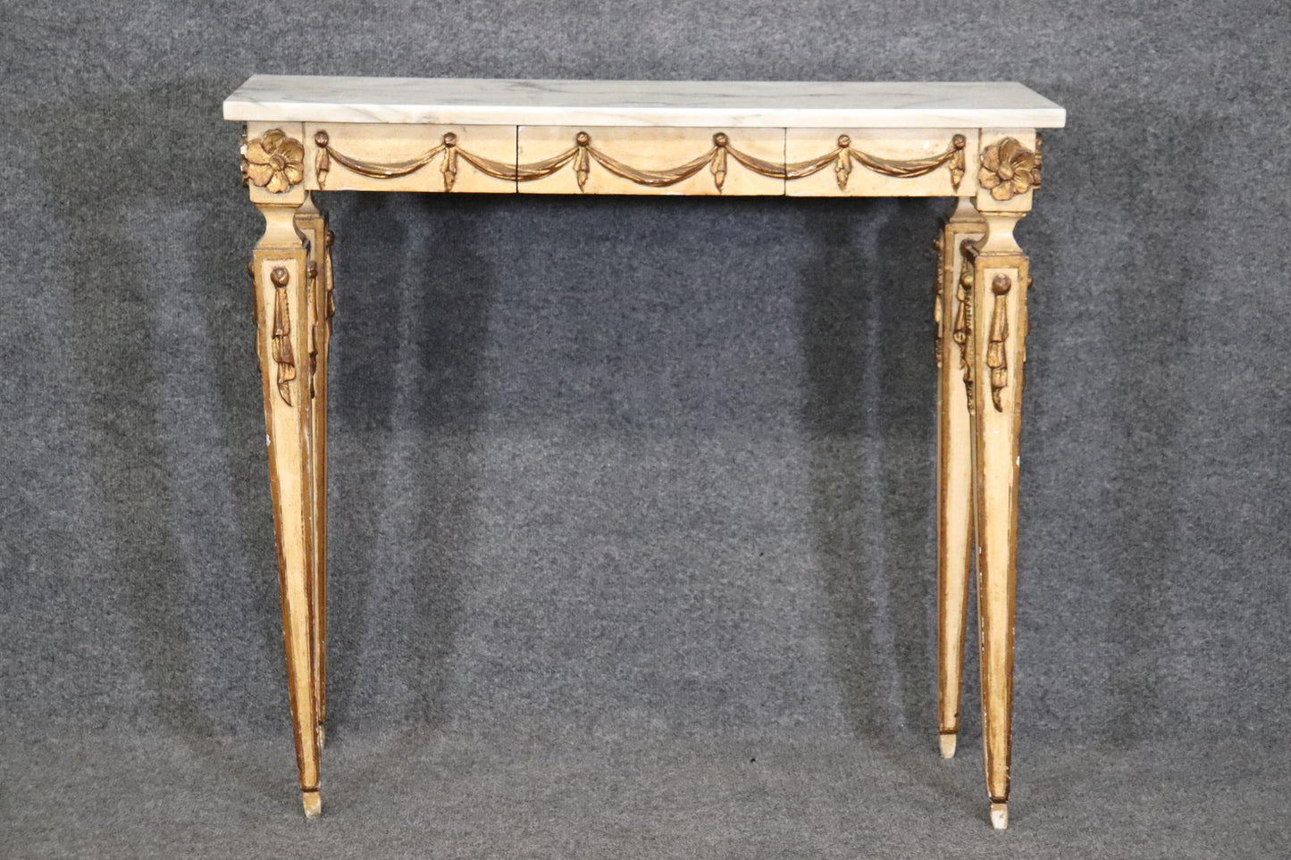 Creme Painted Marble Top Neoclassical Style Italian Console Table with Drawer