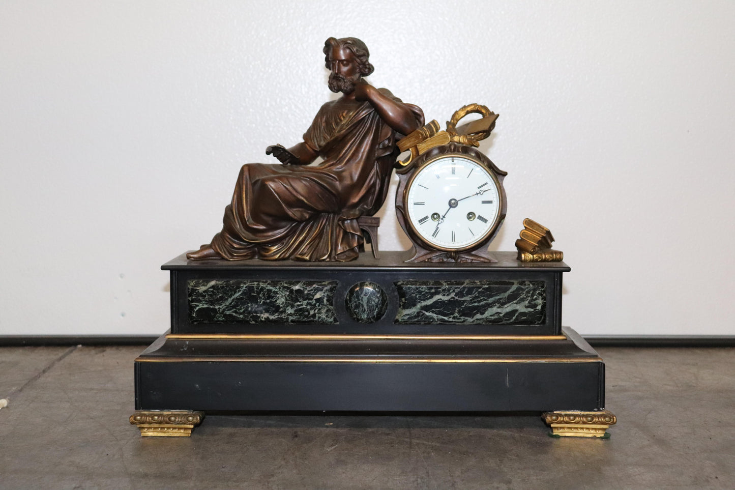 Fine French Verdi Marble and Bronze Mantel Clock of an Enrobed Wise Old Scholar