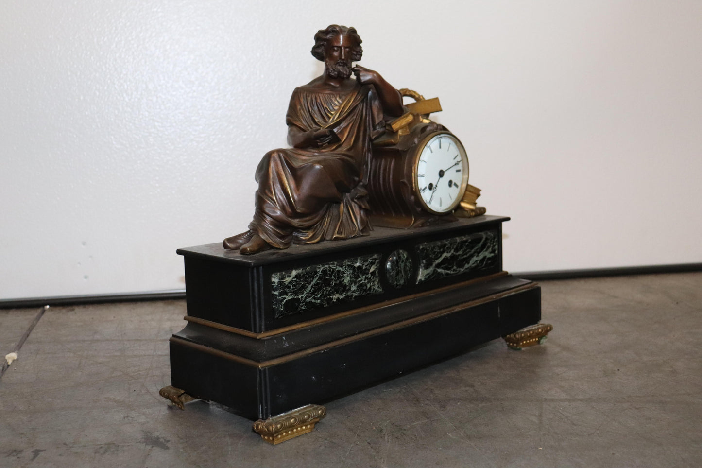 Fine French Verdi Marble and Bronze Mantel Clock of an Enrobed Wise Old Scholar