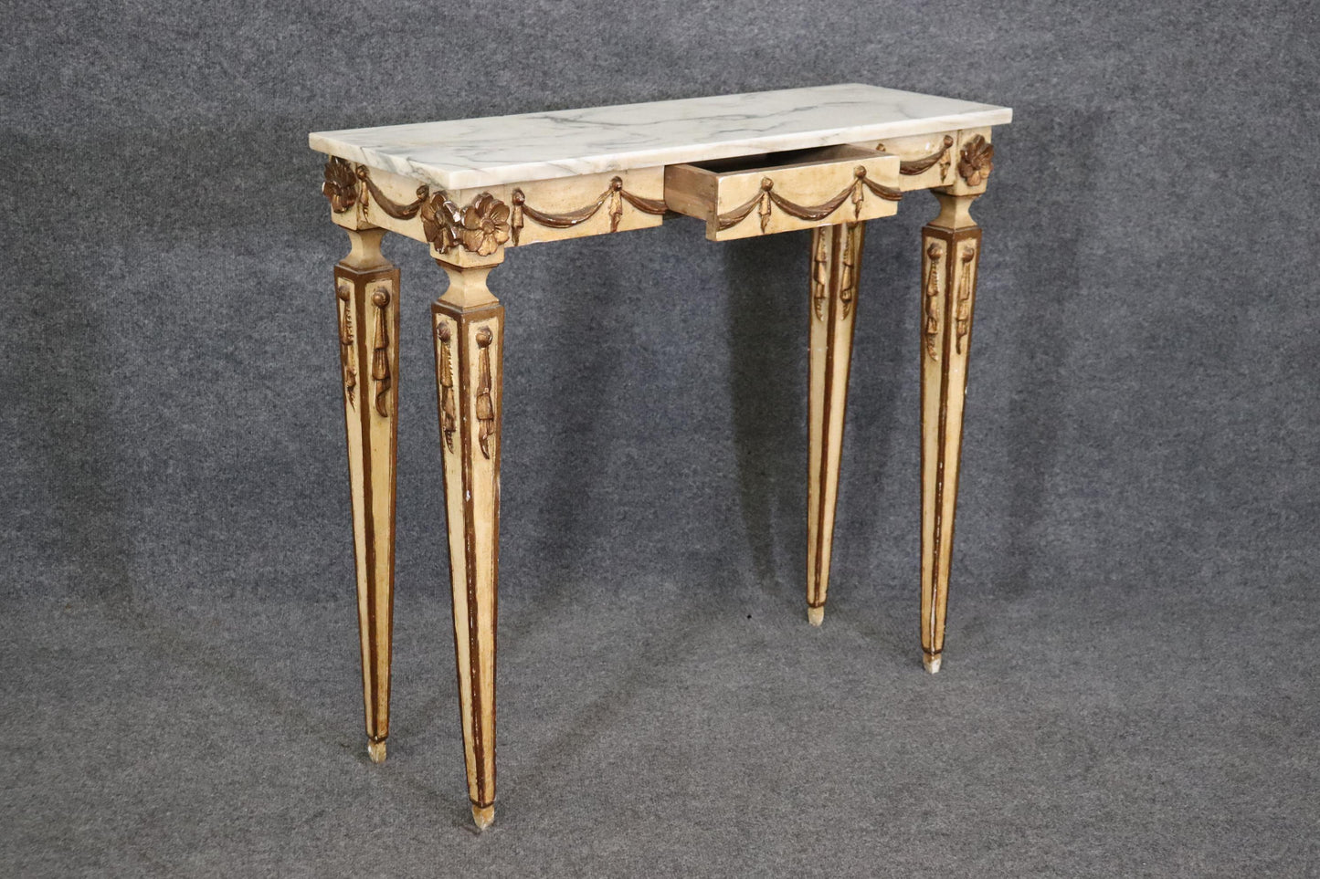 Creme Painted Marble Top Neoclassical Style Italian Console Table with Drawer